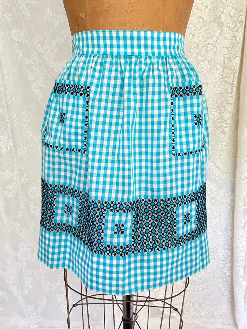 Vintage Blue and White Gingham Half Apron, Handmade, Black Embroidery, Retro
